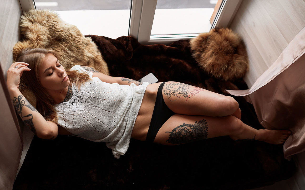 women, top view, hips, black panties, belly, window, tattoo, blonde, brunette, women indoors, nose ring