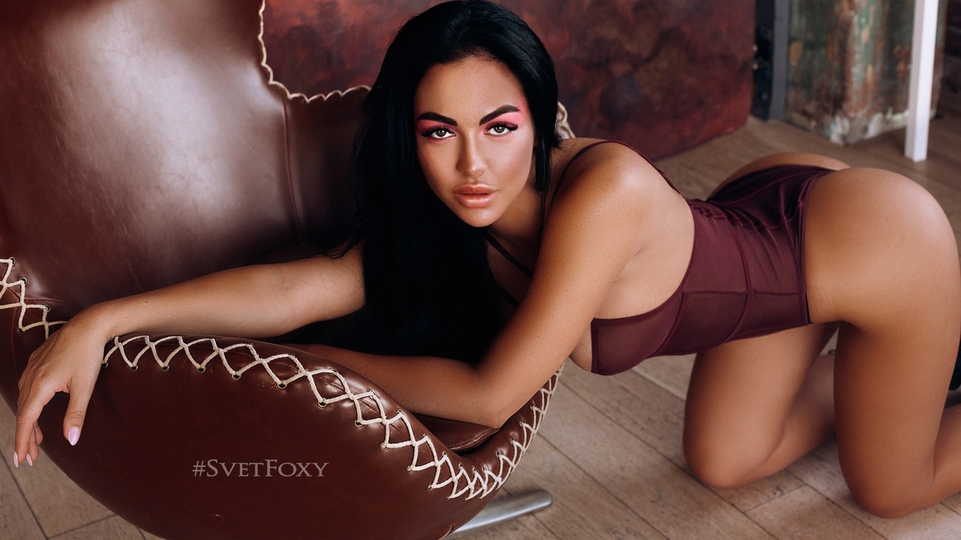 women, ass, kneeling, svetlana nikonova, makeup, chair, women indoors, brunette, body lingerie, wooden floor, black hair, pink nails