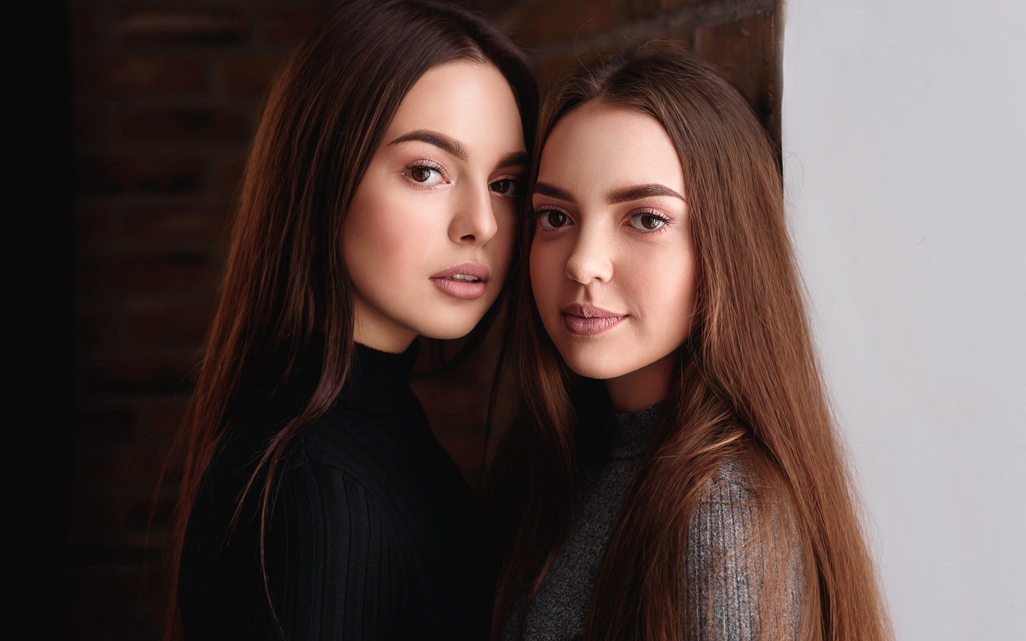 women, portrait, straight hair, two women, smiling, long hair, bricks