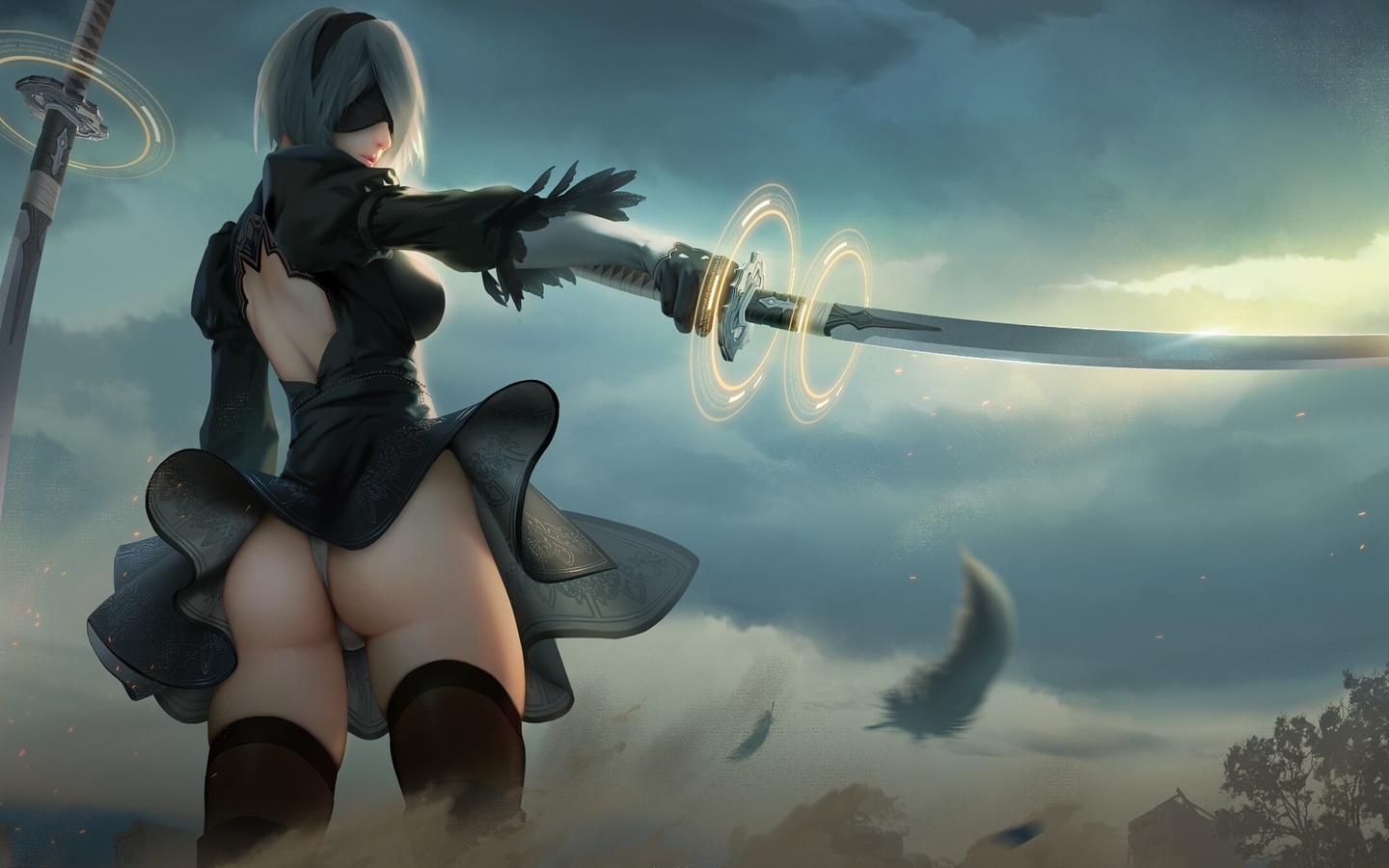 katana, sword, butt, ass, art, nier: automata, 2b, nier