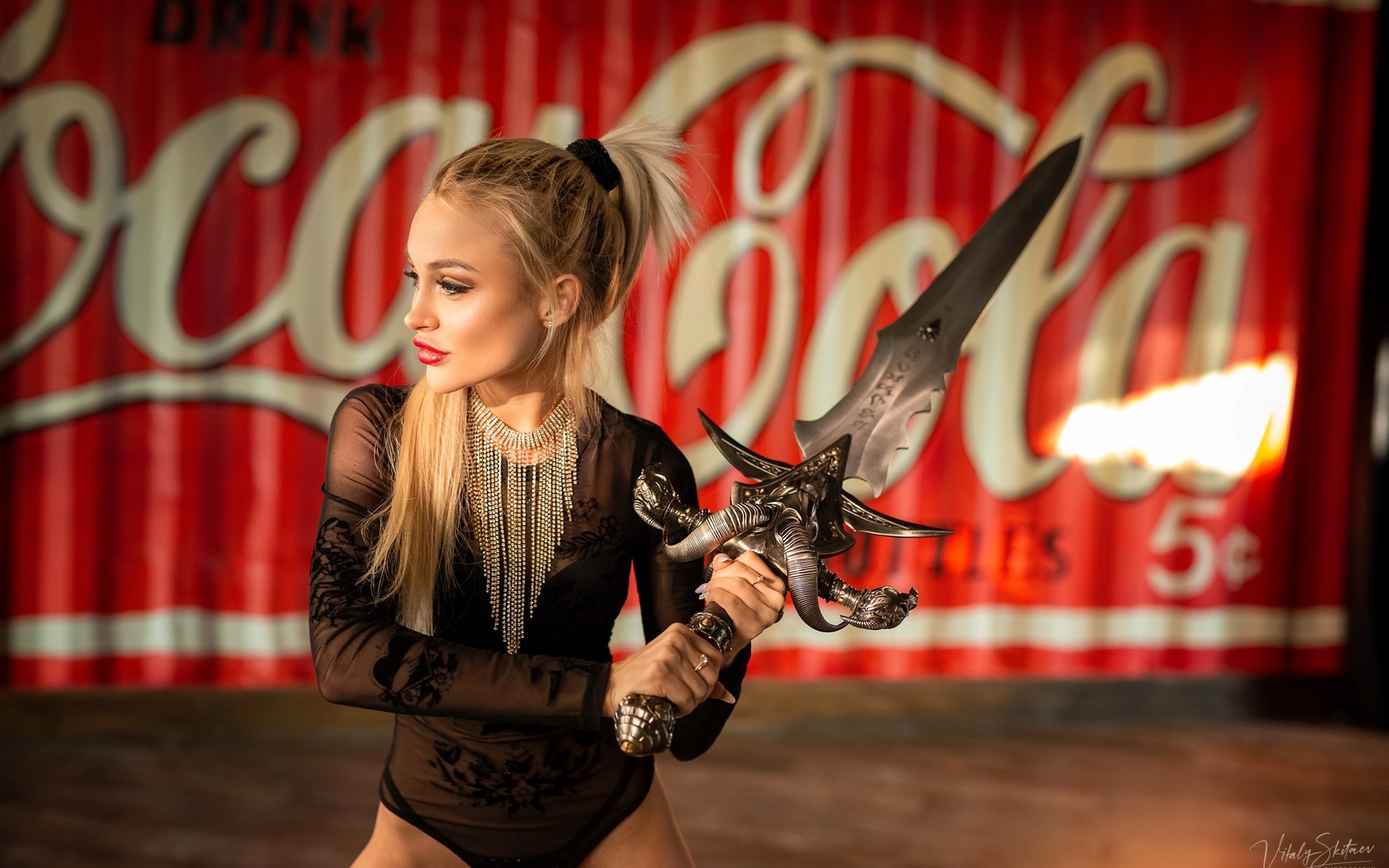 women, blonde, vitaly skitaev, ponytail, brunette, black lingerie, women indoors, coca-cola, long hair, red lipstick, sword, warcraft