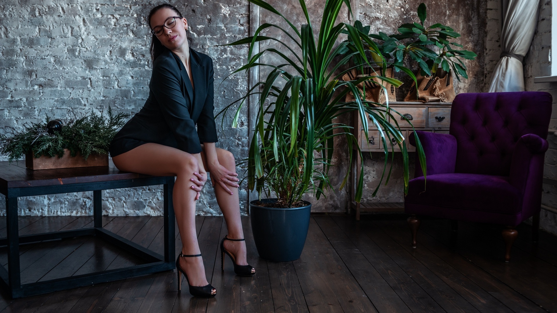 women, closed eyes, plants, sitting, high heels, women with glasses, wall, wooden floor, armchair, women indoors, pink nails, ponytail