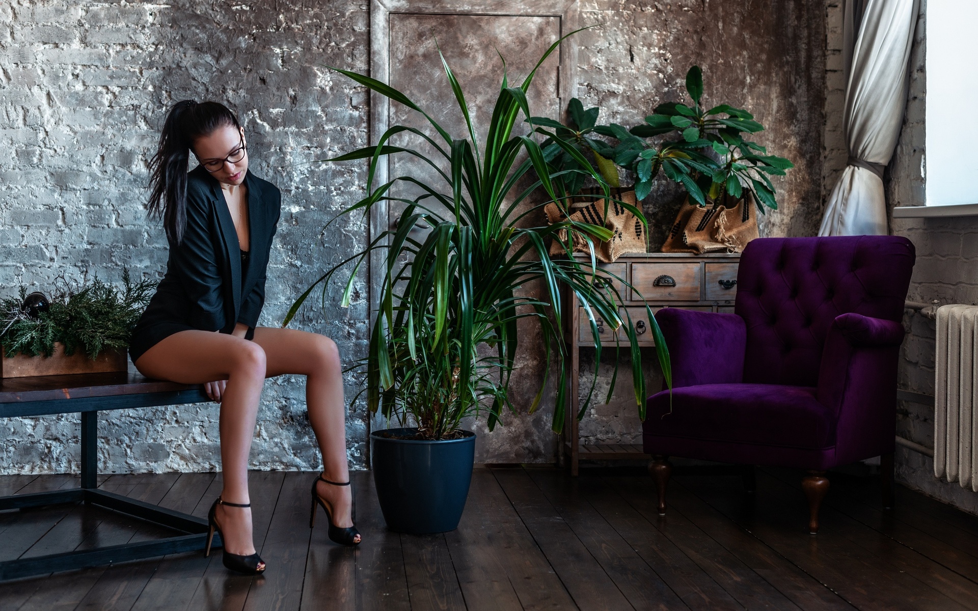 women, ponytail, sitting, high heels, armchair, women with glasses, plants, women indoors, wooden floor, window, wall