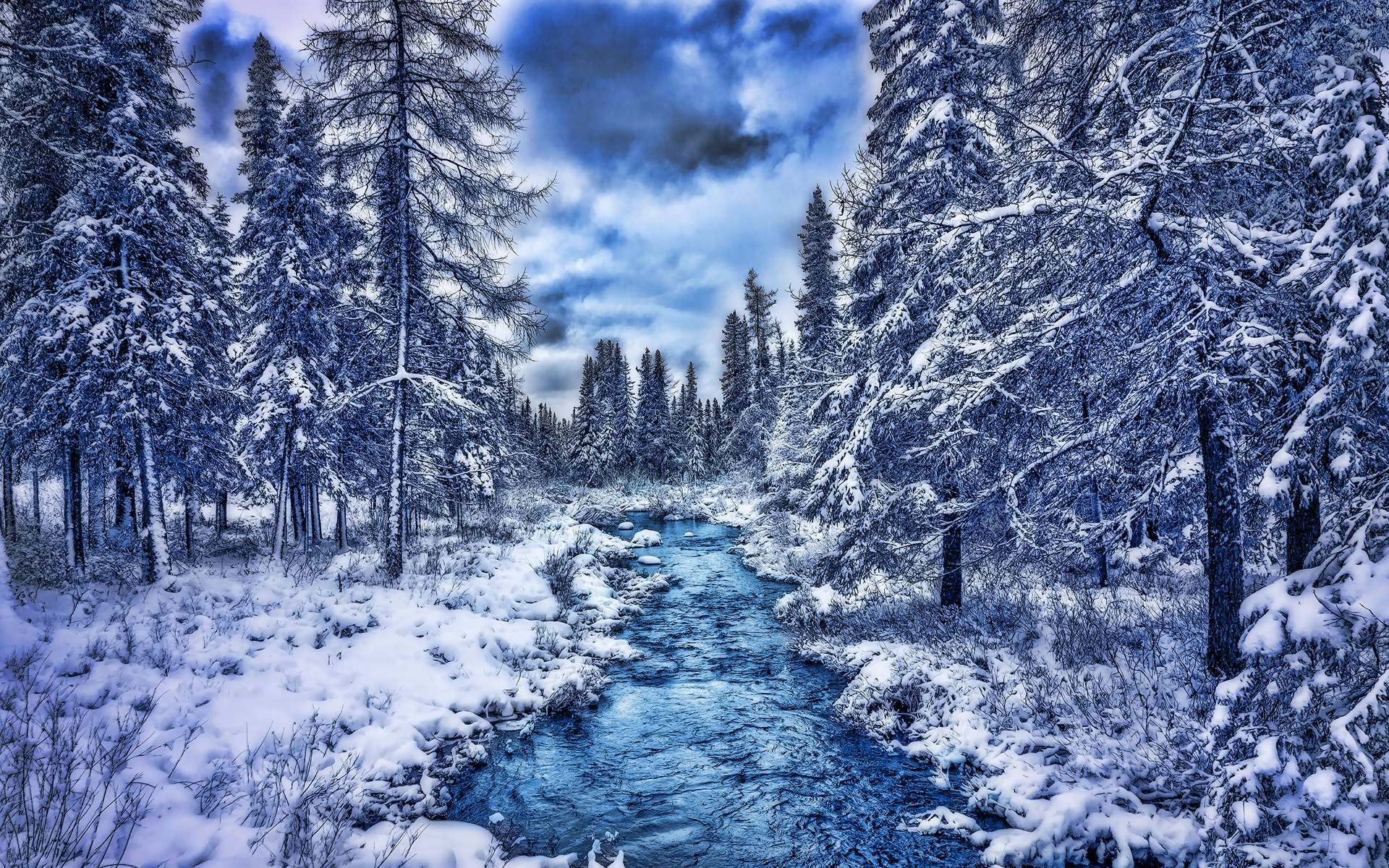 blue river, hdr, beautiful nature, forest, snowdrifts, winter