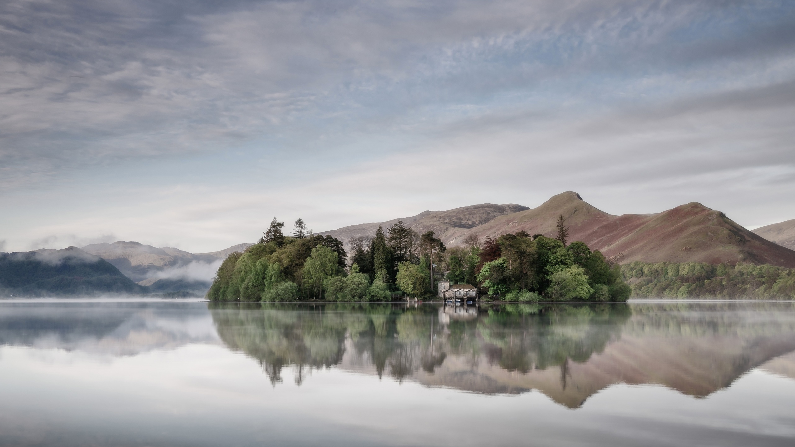 morning, island, morning fog, mountain landscape, sunrise, england