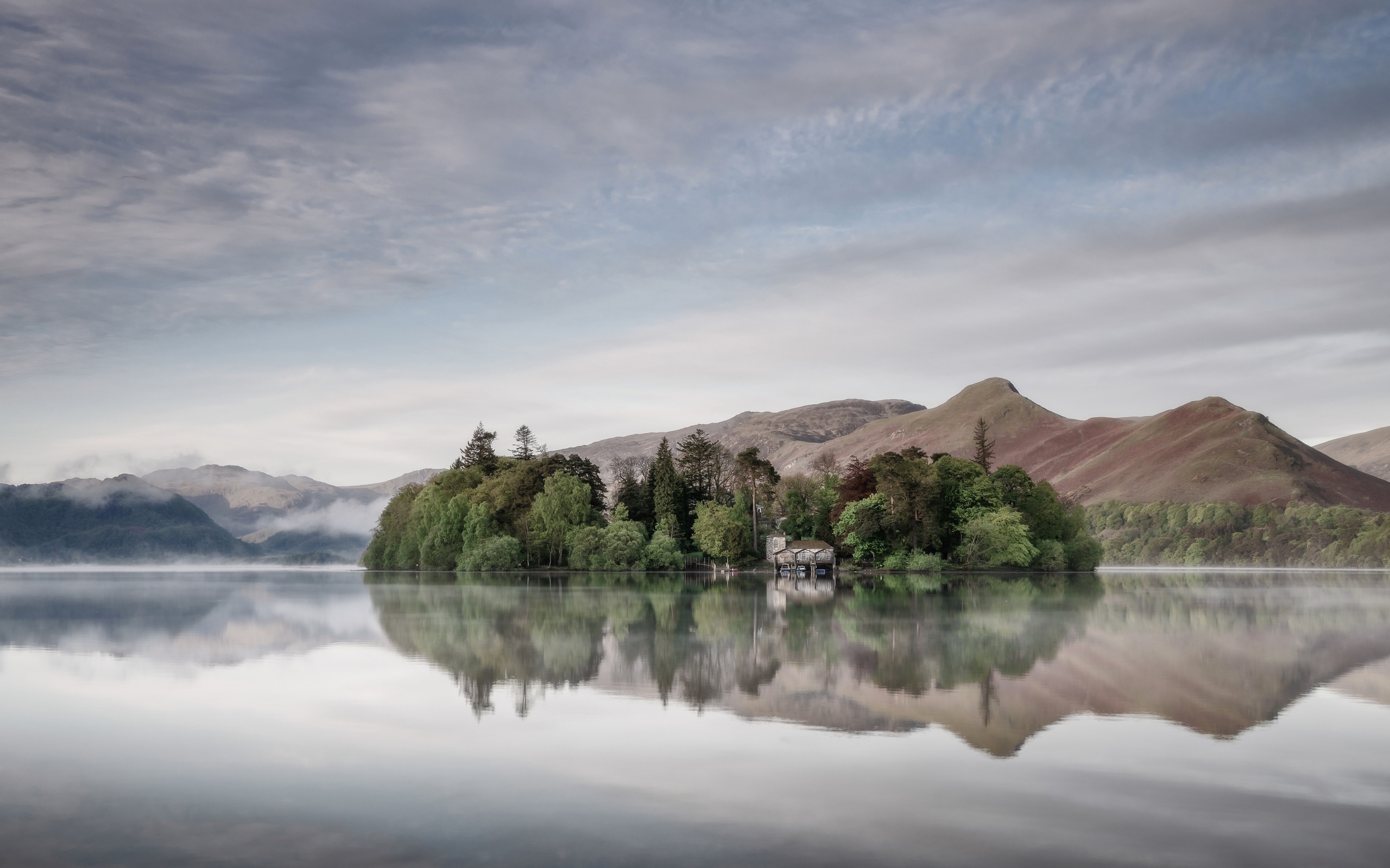 morning, island, morning fog, mountain landscape, sunrise, england