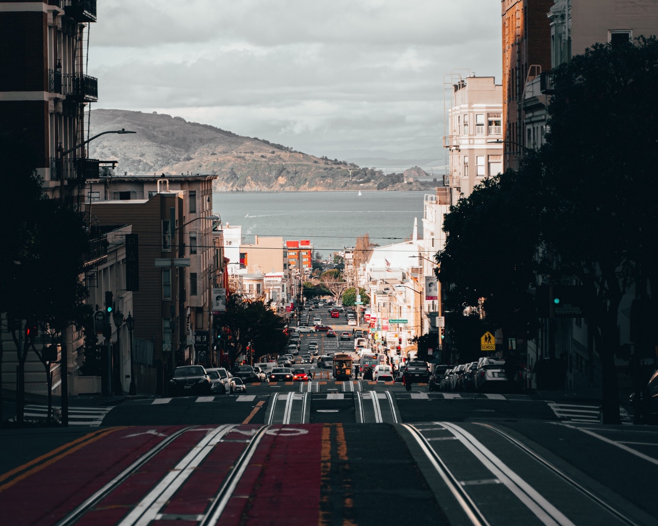 city, road, coast, water, california, view, street, hills, buildings, bay, trolley, san francisco