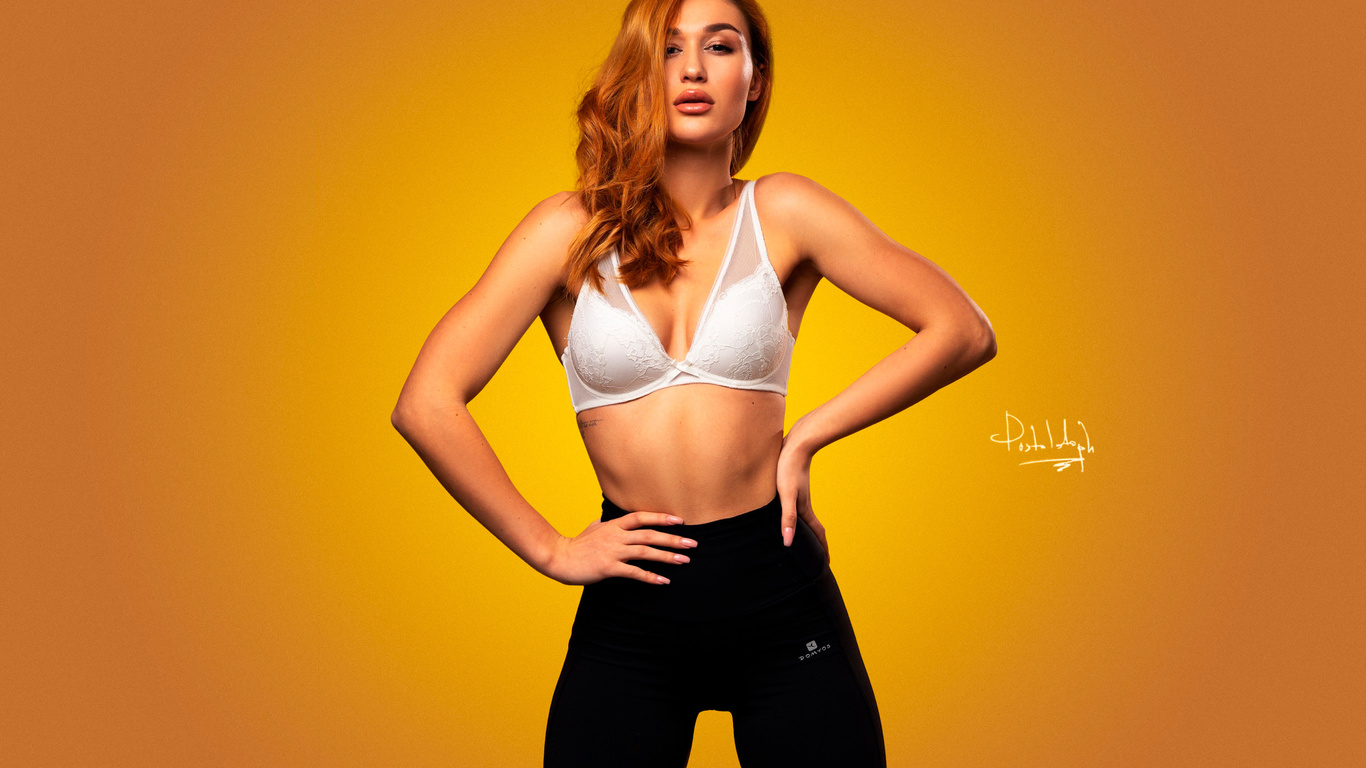 women, redhead, simple background, studio, brunette, white bra, belly, cleavage, hands on hips, pink nails, tattoo, juicy lips, yoga pants, sportswear, ilya pistoletov, 