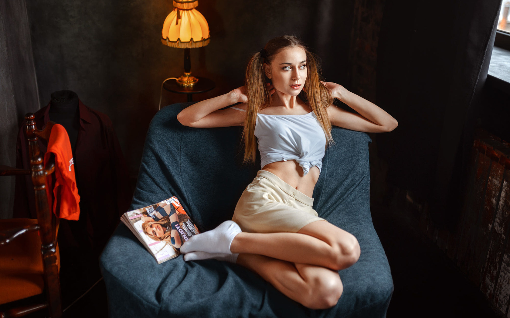 women, pigtails, skirt, magazine, chair, lamp, sitting, white socks, women indoors, belly,  ,albert lesnoy