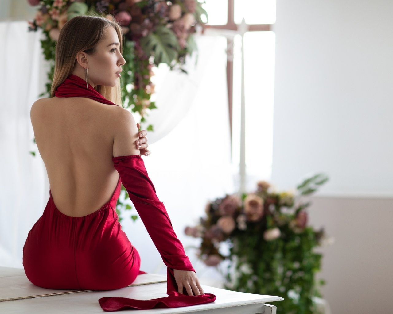 women, sitting, back, flowers, women indoors, profile, table, blonde, looking away, red dress