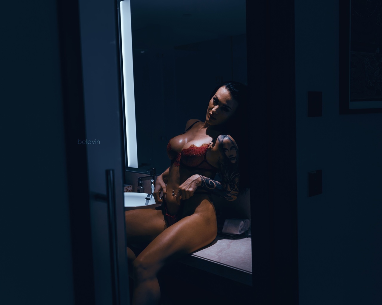 women, sitting, belly, pierced navel, mirror, bathroom, women indoors, tattoo, brunette, alexander belavin