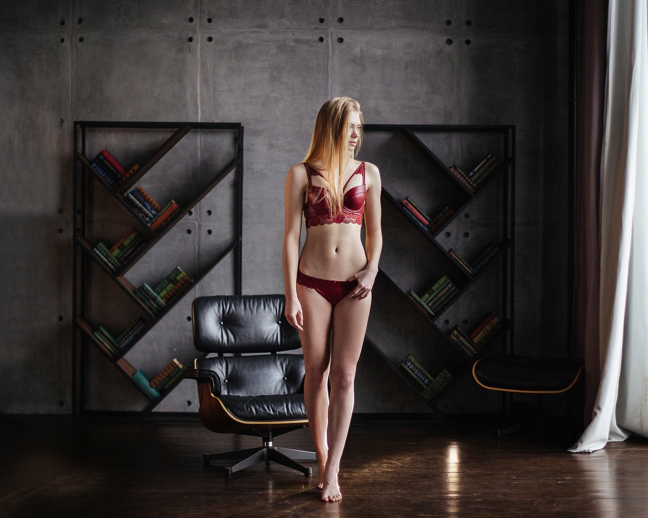 women, maksim chuprin, blonde, belly, books, red lingerie, wall, women indoors, looking away,  