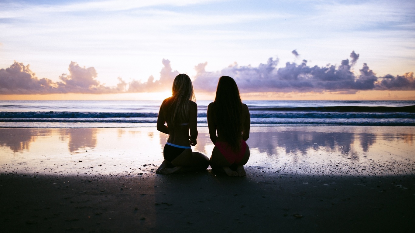 2 ,  , , , ,  , ,  , , 2 womens, two womens, beach, sea, dark background, sunset, bikini