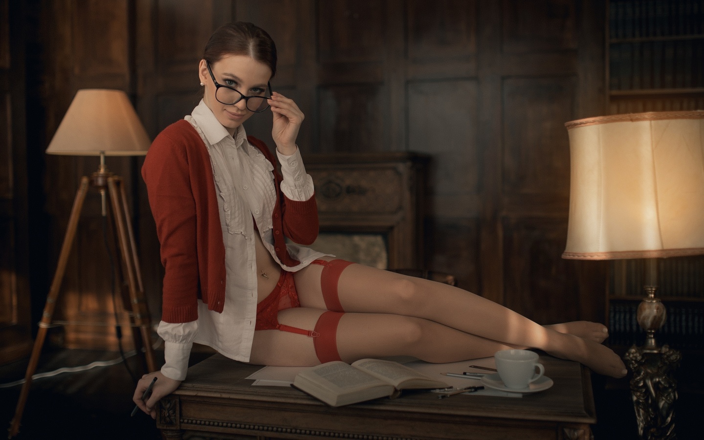 women, lamp, women indoors, sitting, books, pen, belly, pierced navel, red sweater, women with glasses, red panties, garter belt, cup