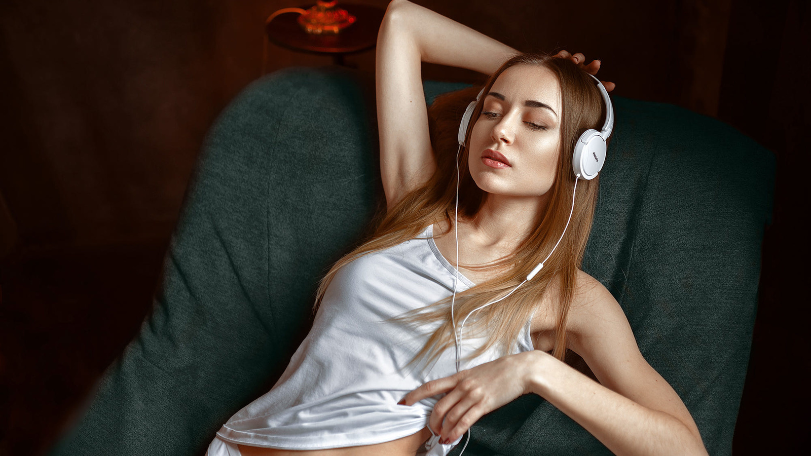 women, headphones, white panties, brunette, portrait, women indoors, white clothing,  ,albert lesnoy