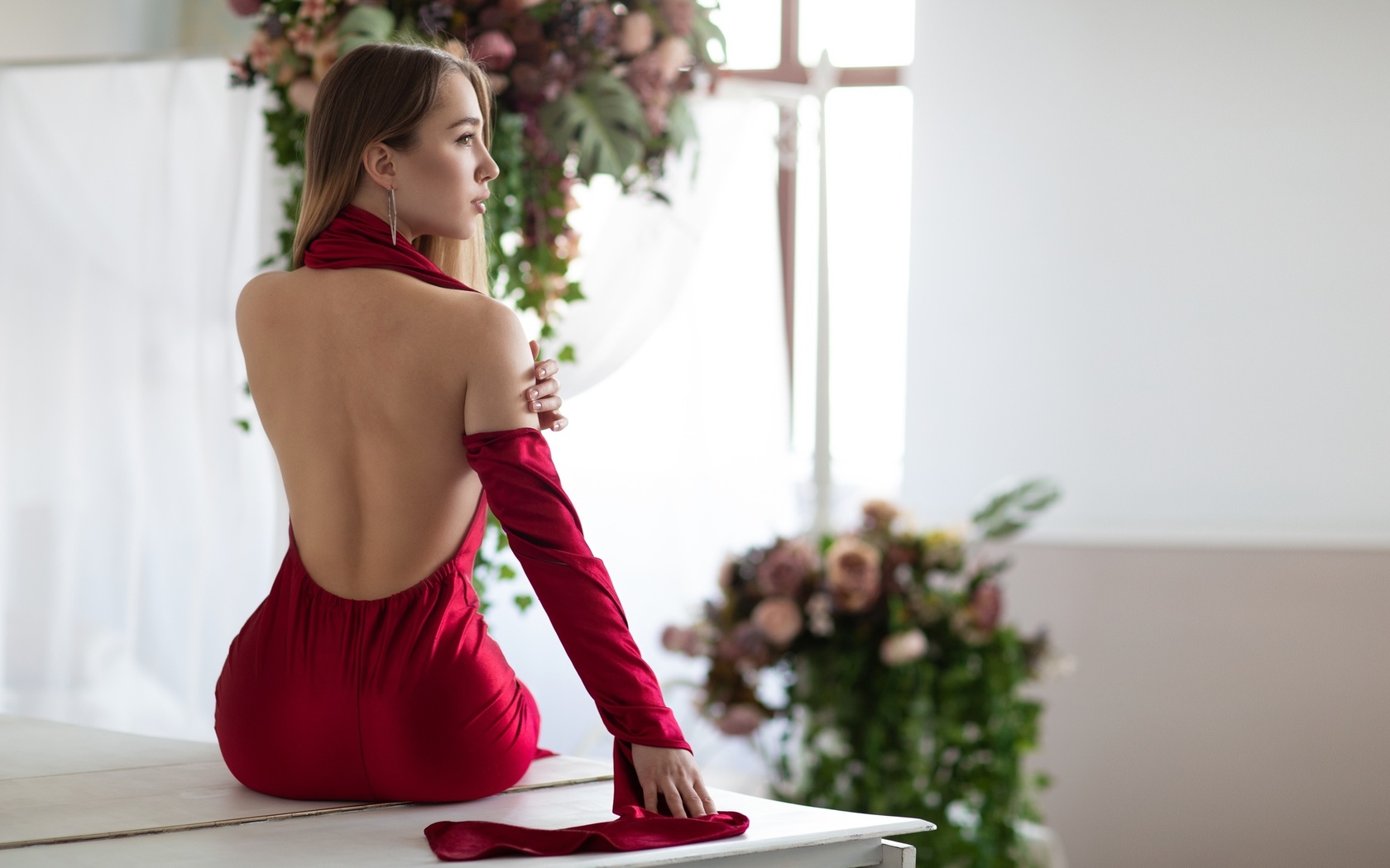 women, sitting, back, flowers, women indoors, profile, table, blonde, looking away, red dress