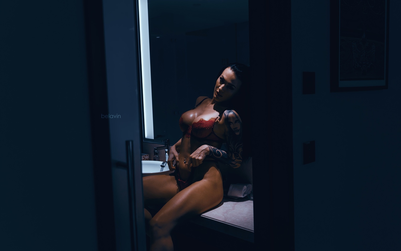 women, sitting, belly, pierced navel, mirror, bathroom, women indoors, tattoo, brunette, alexander belavin