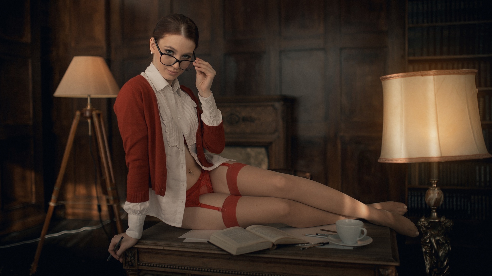 women, lamp, women indoors, sitting, books, pen, belly, pierced navel, red sweater, women with glasses, red panties, garter belt, cup