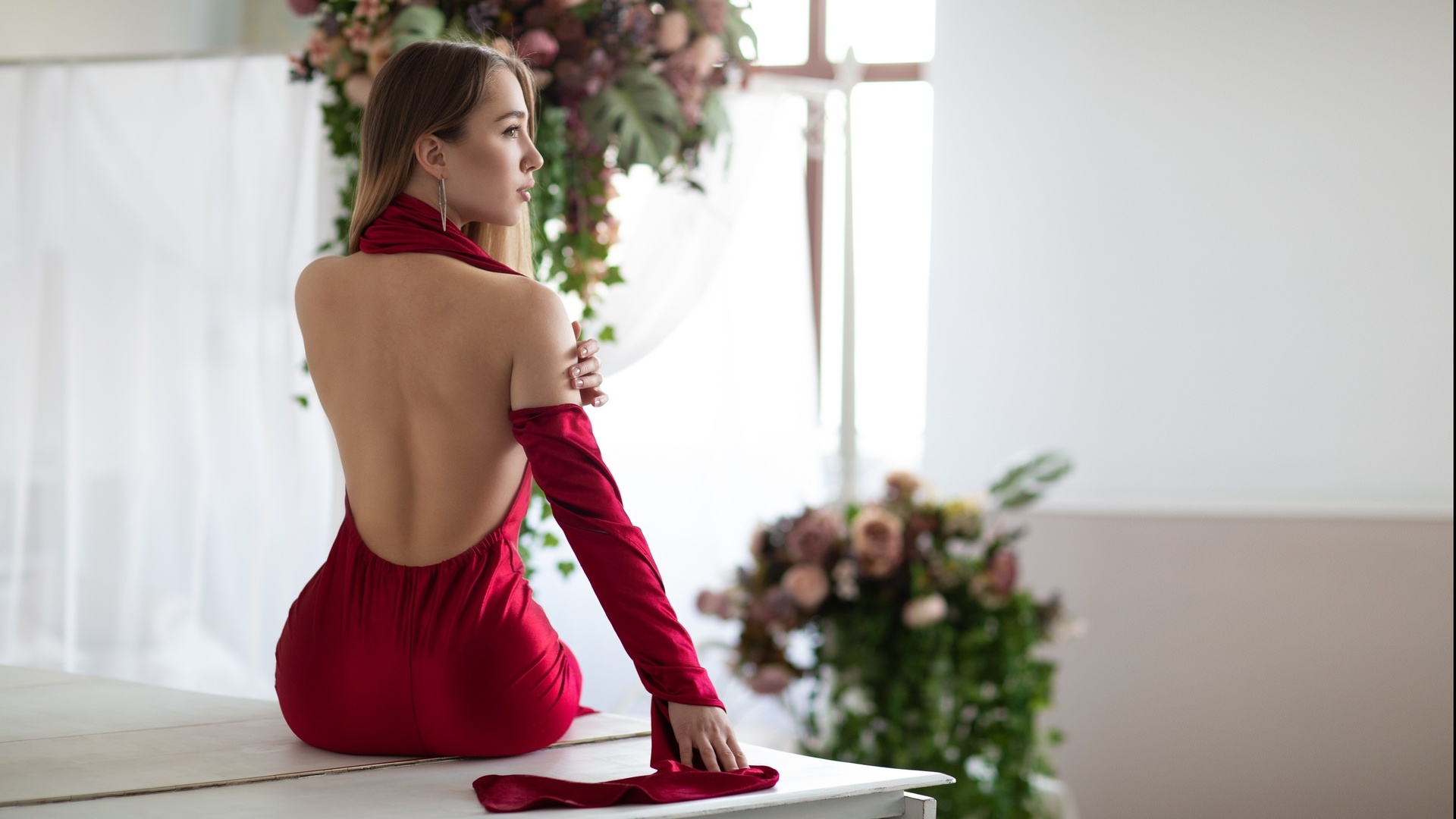 women, sitting, back, flowers, women indoors, profile, table, blonde, looking away, red dress