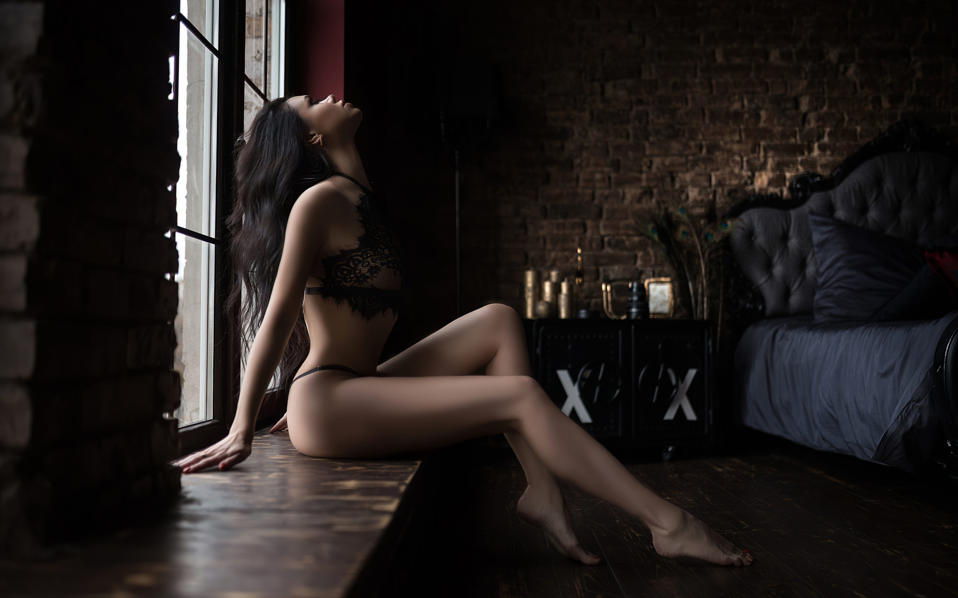 women, brunette, women indoors, wall, bricks, black lingerie, bed, pillow, wooden floor, window, ass, see-through lingerie