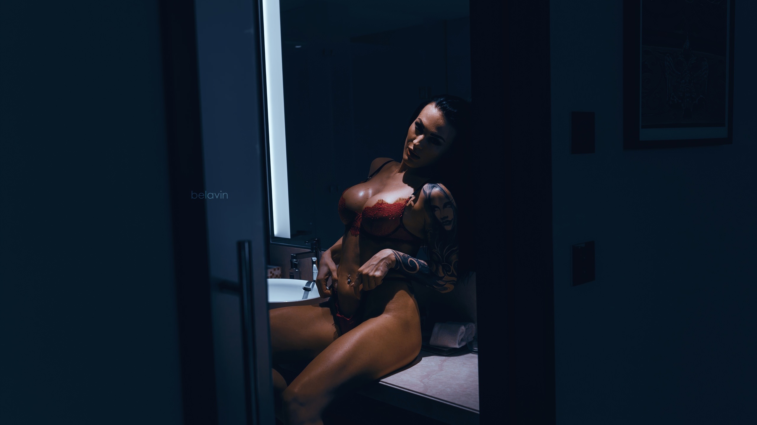 women, sitting, belly, pierced navel, mirror, bathroom, women indoors, tattoo, brunette, alexander belavin