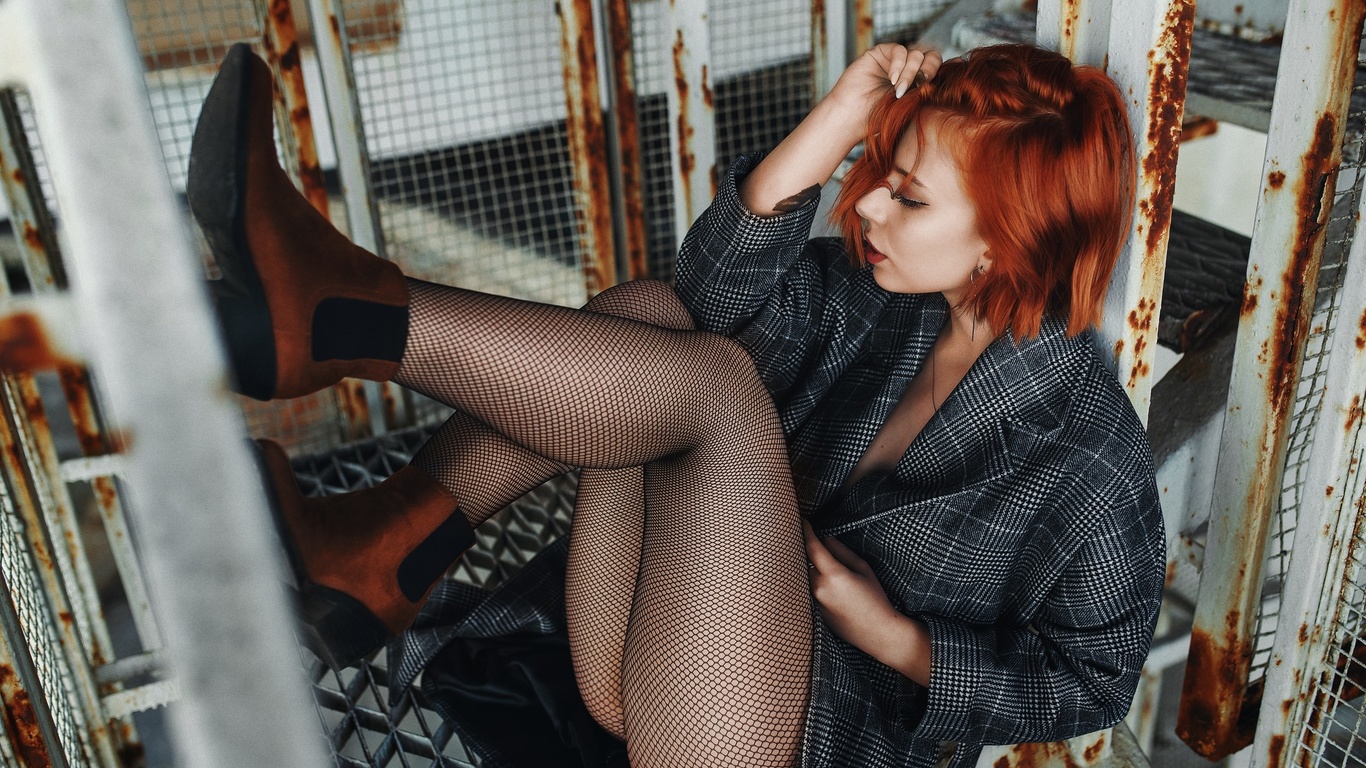 women, redhead, ass, fishnet, shoes, coats, plaid, red lipstick, eyeliner, sitting, 