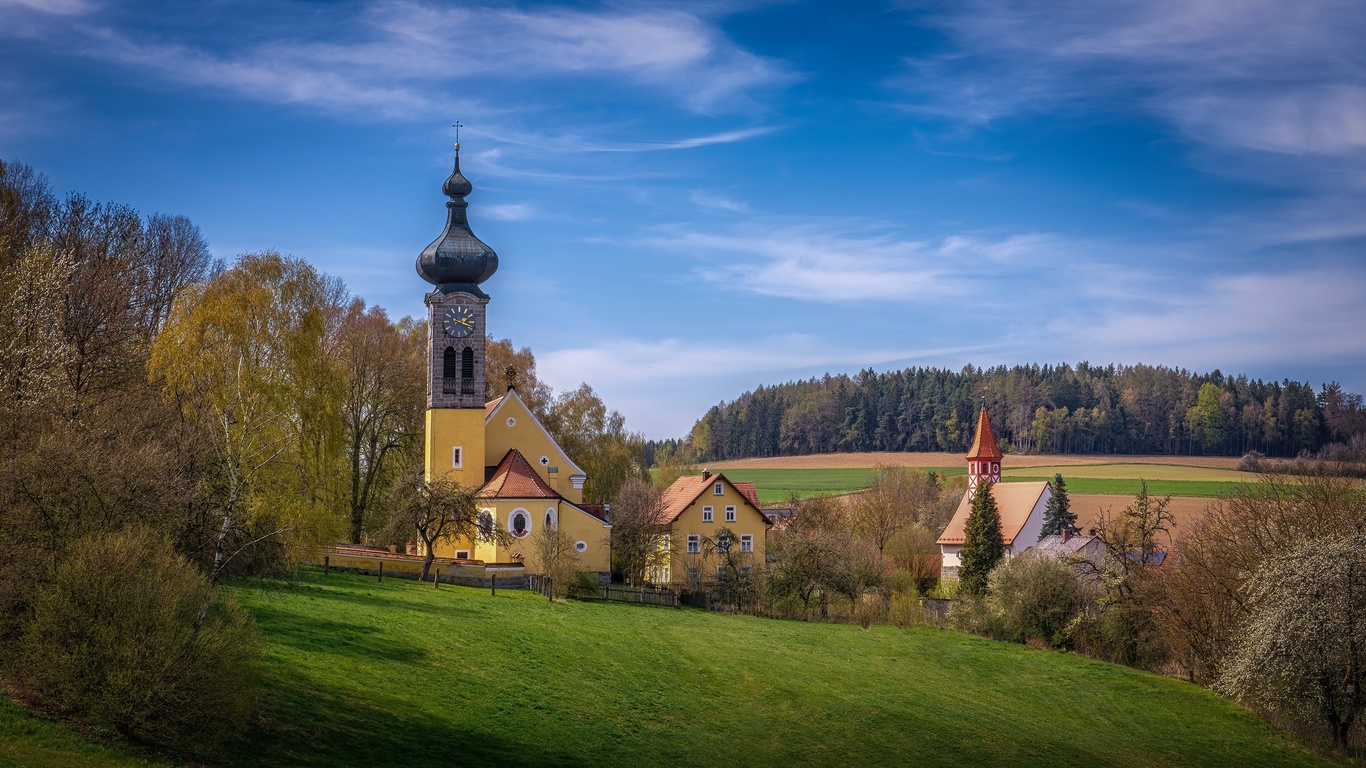 Картинки пейзаж, природа, дома, весна, германия, бавария, леса, церкви -  обои 1366x768, картинка №395527