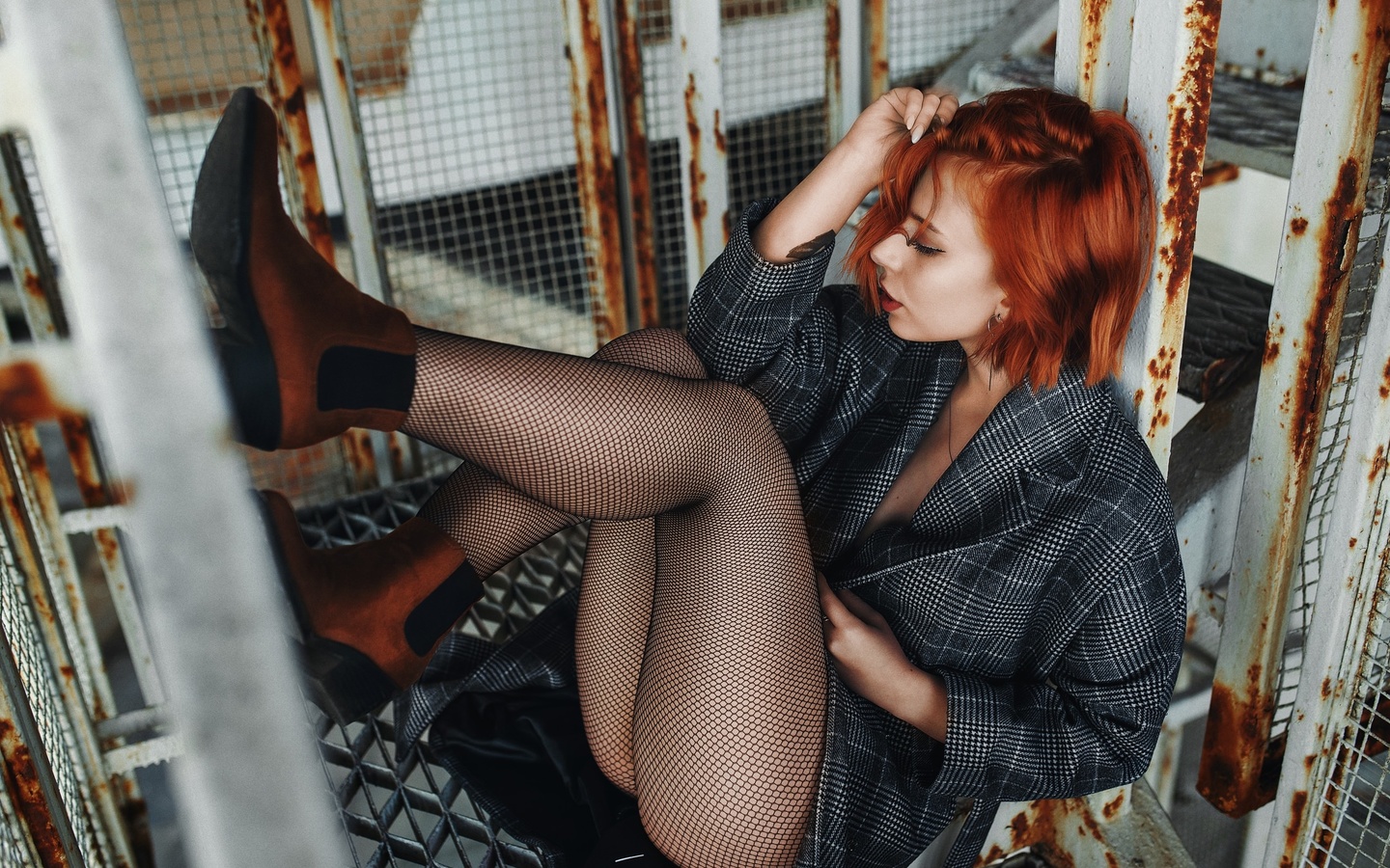 women, redhead, ass, fishnet, shoes, coats, plaid, red lipstick, eyeliner, sitting, 