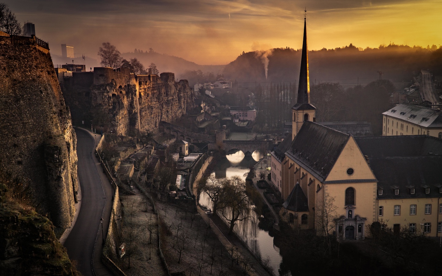 city, tower, bridge, sunset