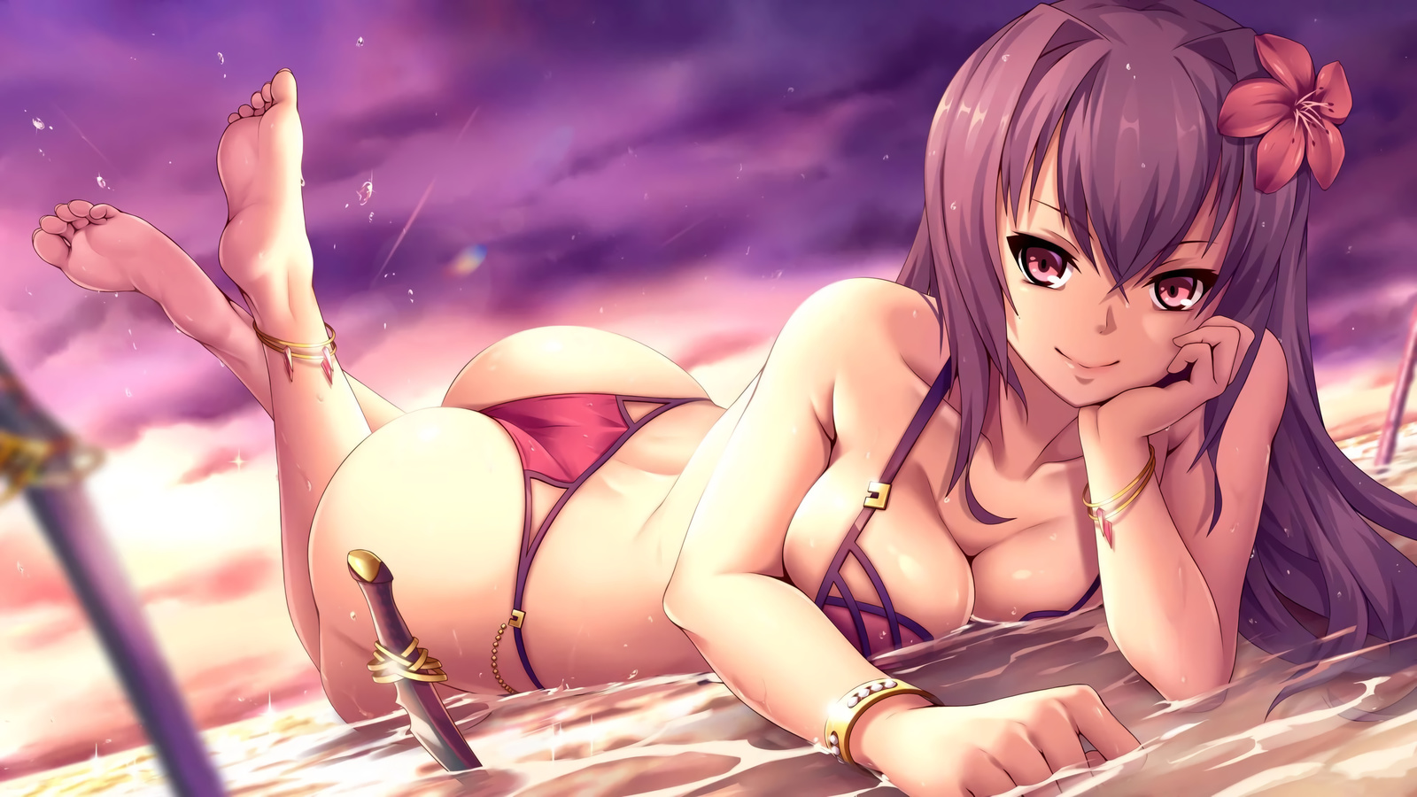 anime, girl, bikini, beach, hentai, beautiful, flower