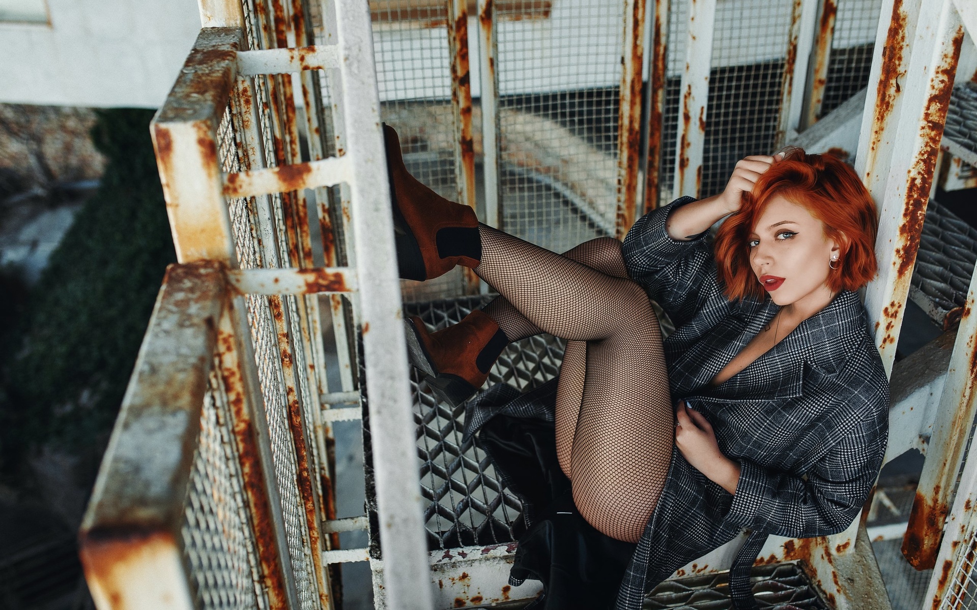 women, redhead, ass, shoes, red lipstick, eyeliner, sitting, coats, plaid, fishnet