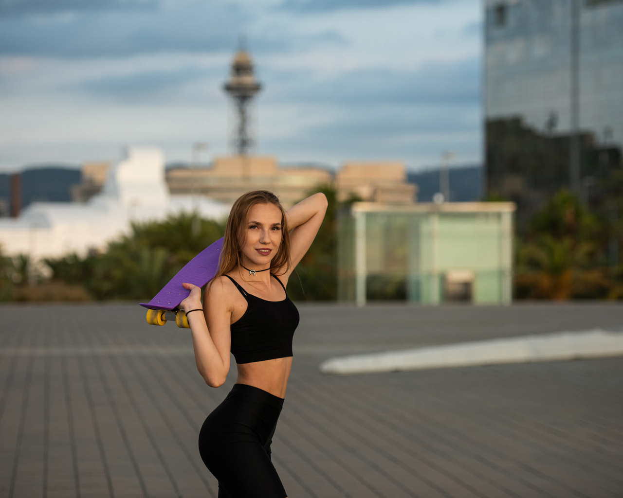 women, smiling, women outdoors, skateboard, brunette, black clothing, sportswear, blonde, belly