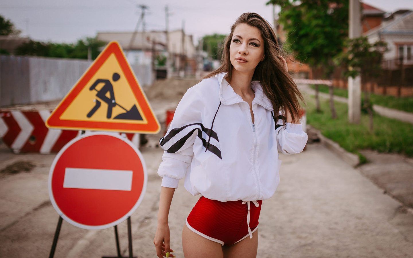 women, traffic signs, women outdoors, sweater, road, yellow nails