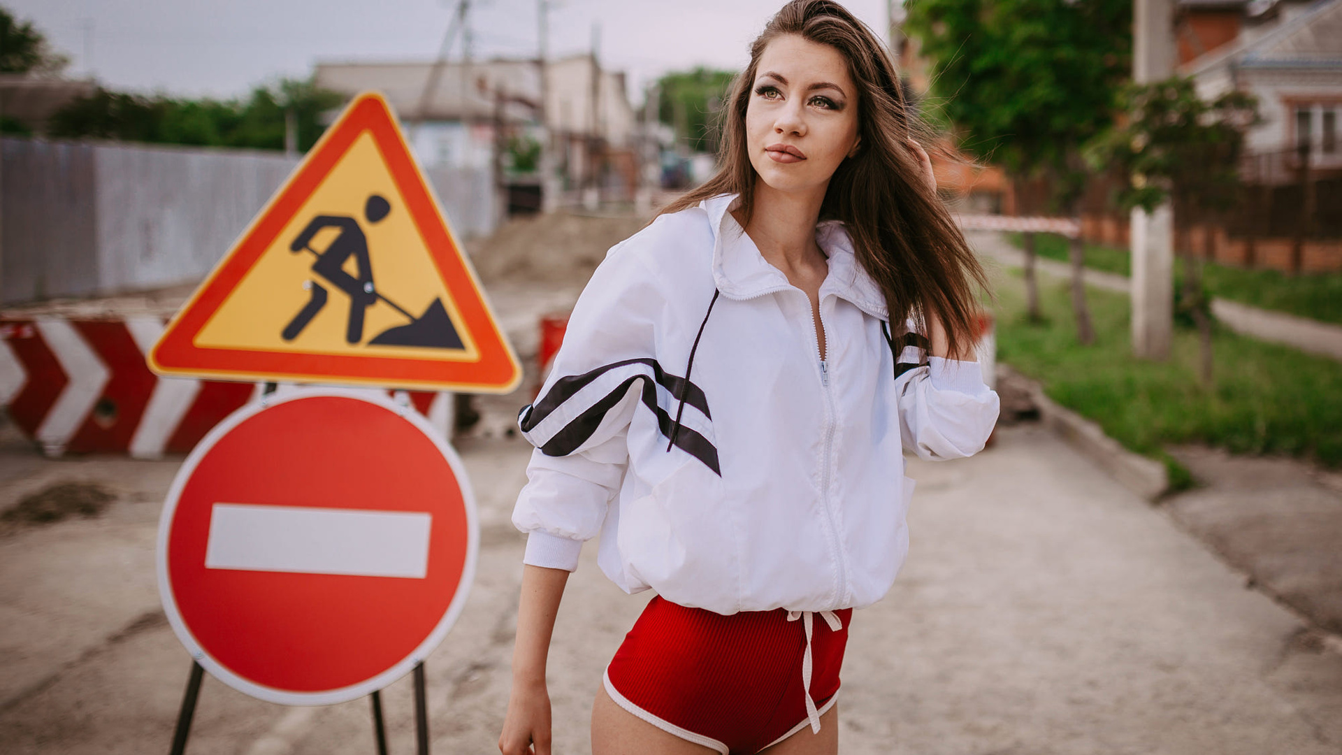 women, traffic signs, women outdoors, sweater, road, yellow nails