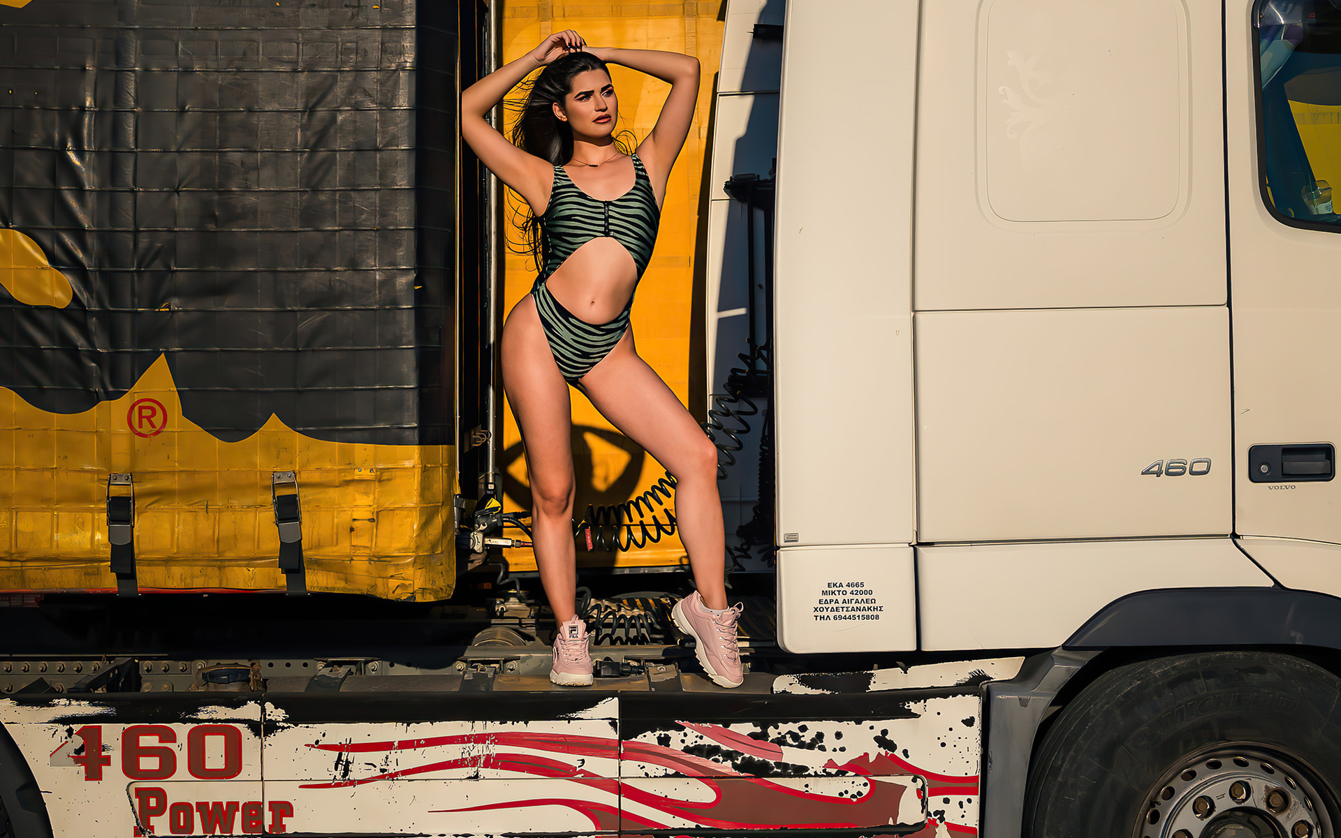 women, swimwear, sneakers, armpits, brunette, arms uplong hair, animal print, truck, belly, women outdoors