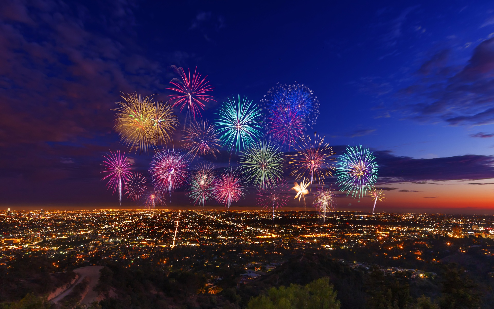 los angeles, grand park, fireworks, 4th of july, independence day, night, los angeles cityscape, california