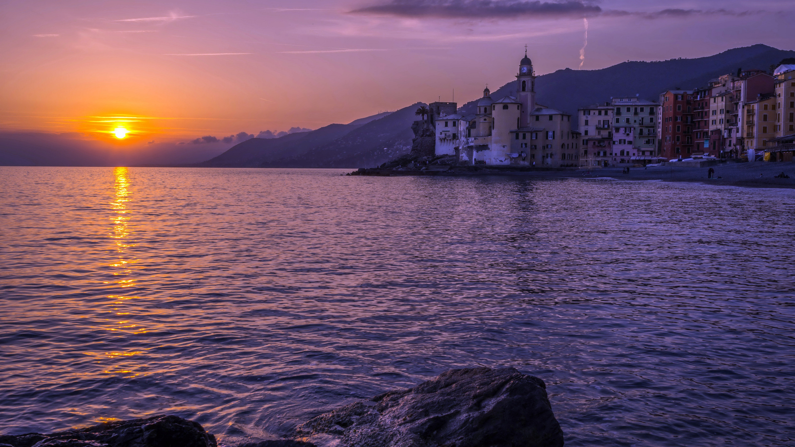 camogli, portofino, evening, sunset, mediterranean sea, summer, chapel, seascape, liguria, italy