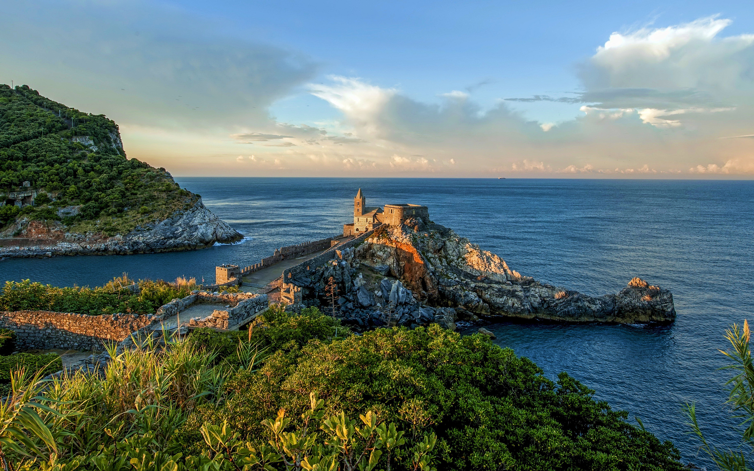 portovenere, 4k, castle, coast, sunset, beautiful nature, italy, liguria