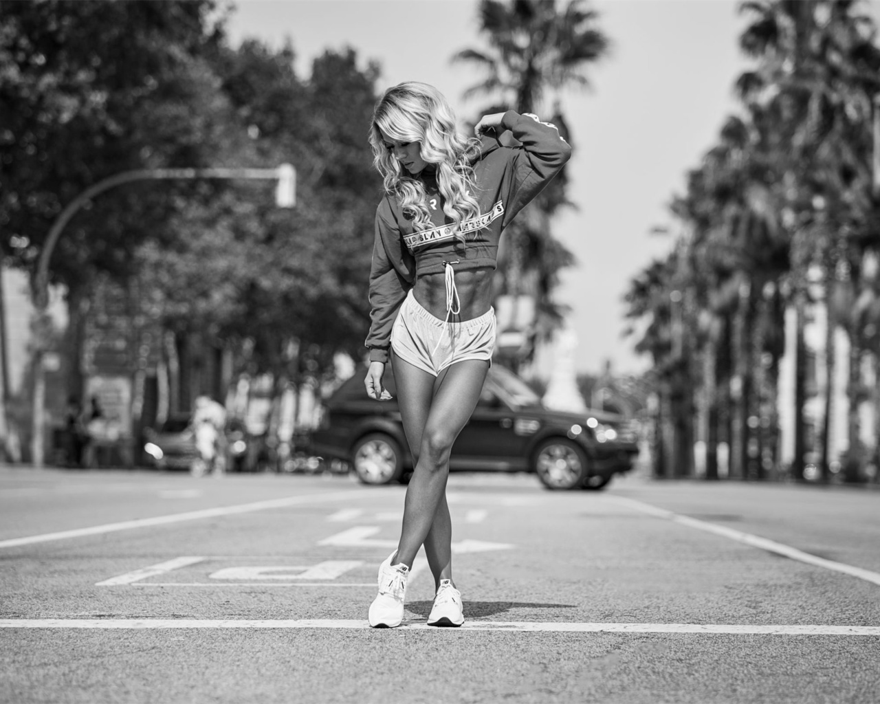 blonde, girl, model, cute, sexy, beautiful, pretty, perfect, shorts, hot, city, street, car, sweatshirt, sport