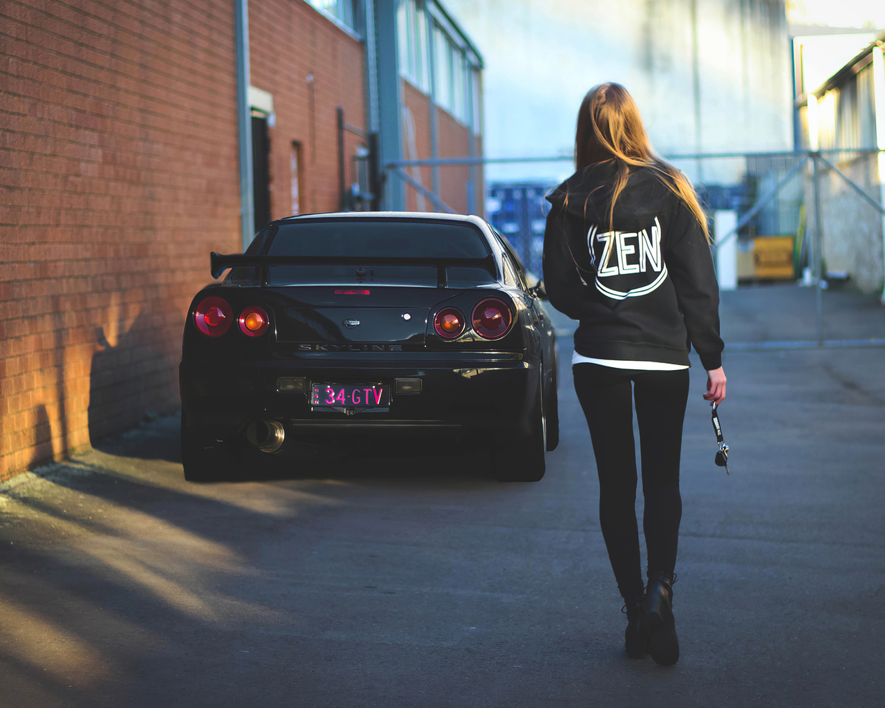 nissan skyline, r34, girl, women, city, black car, blonde, street,  