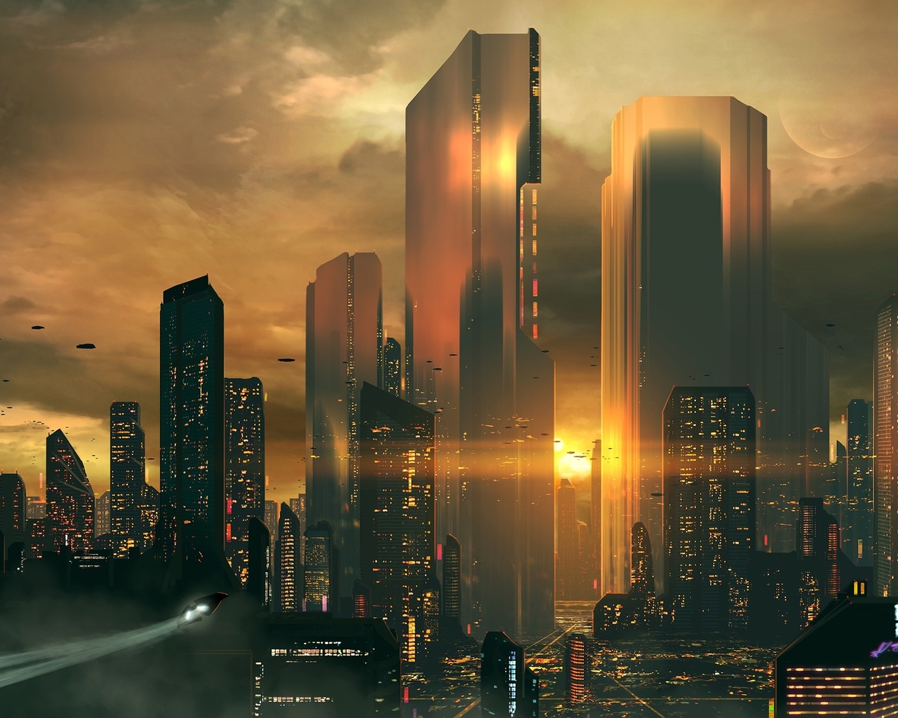 futuristic cityscape, skyscrapers, sunset