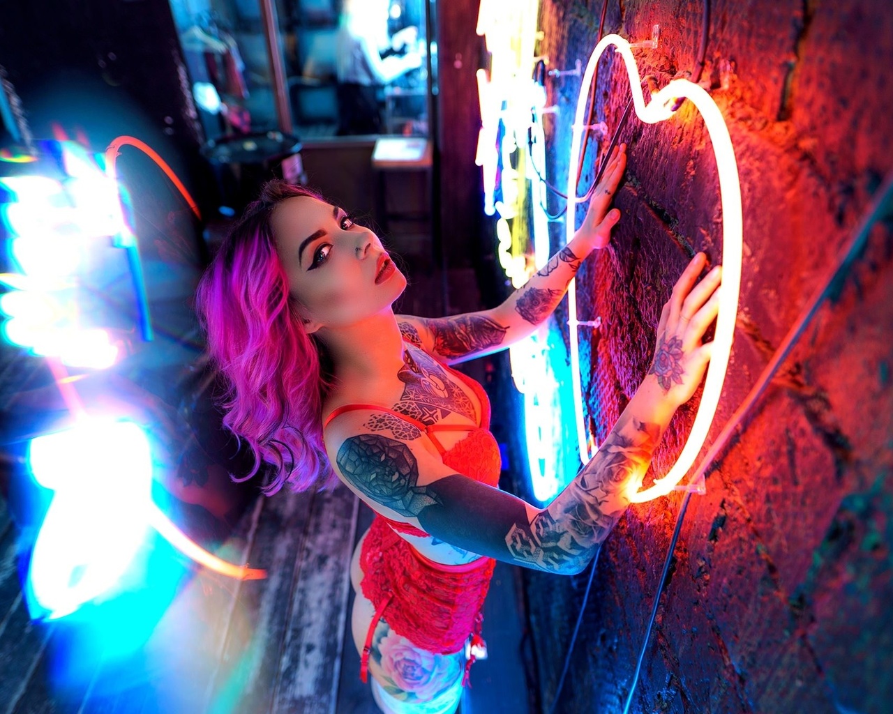 women, dyed hair, red lingerie, neon, women indoors, garter belt, tattoo, nose ring, wall, pink hair, kneeling, eyeliner, ass, wooden floor