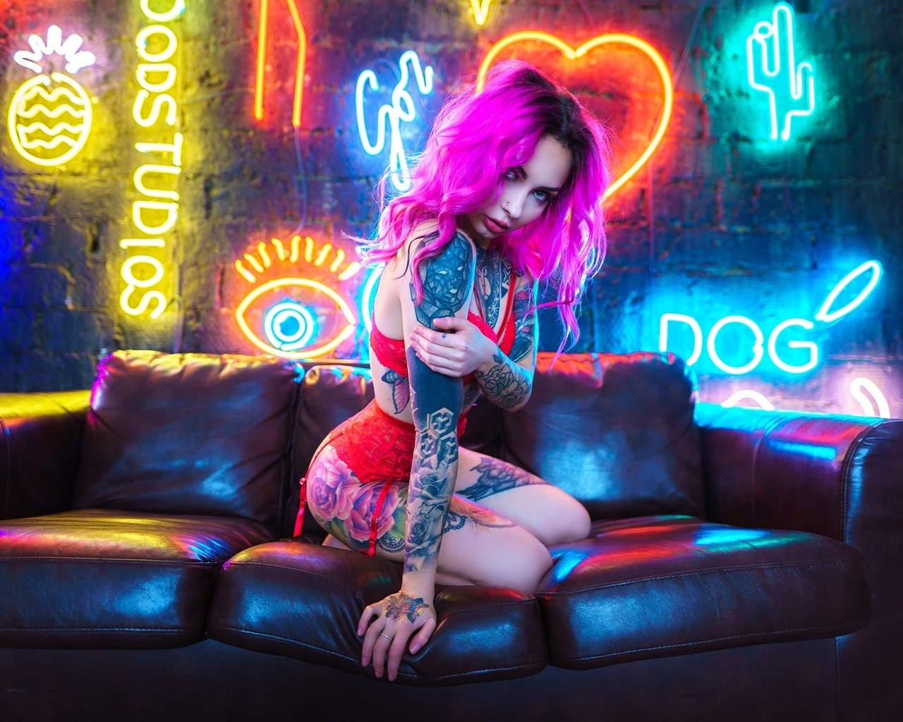 women, dyed hair, red lingerie, neon, women indoors, garter belt, tattoo, nose ring, wall, couch, pink hair, kneeling, ass, wooden floor