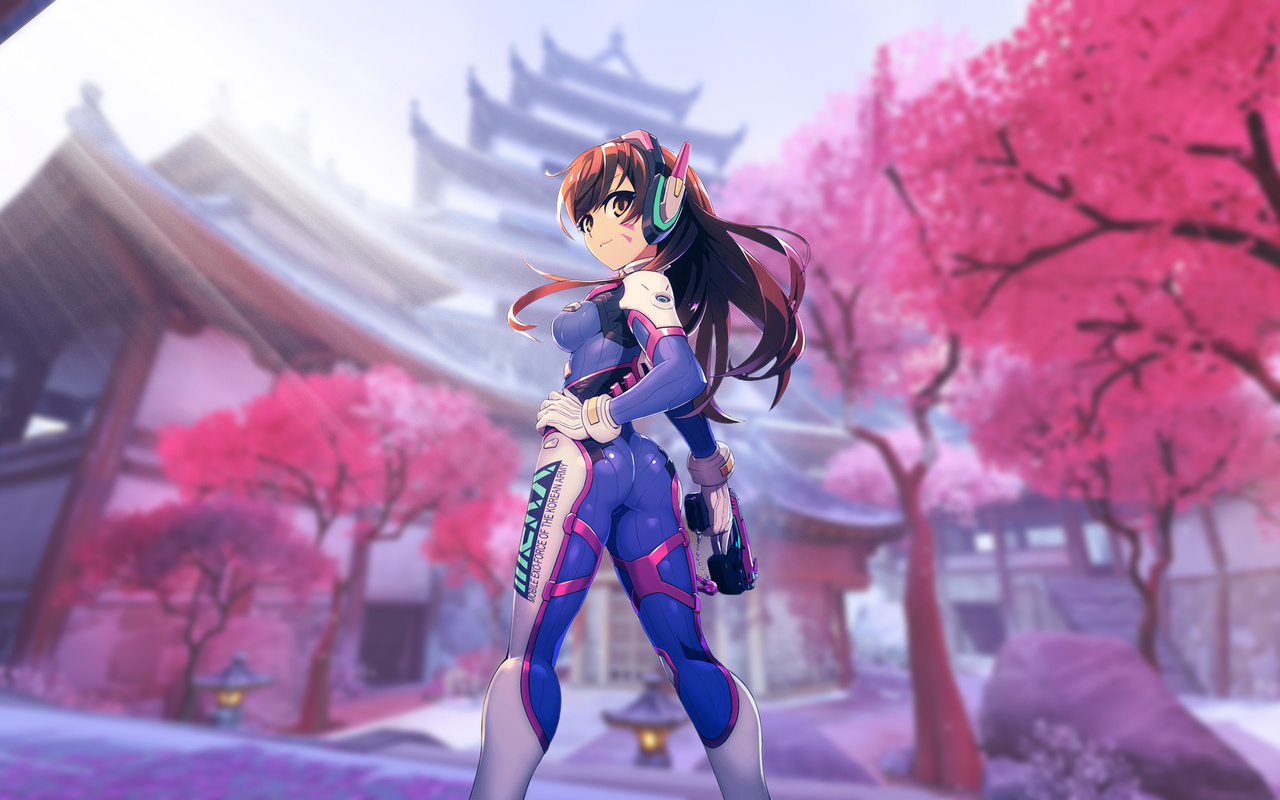 game, girl, ass, latex, overwatch, cherry, blossom, d.va, headphones, anime