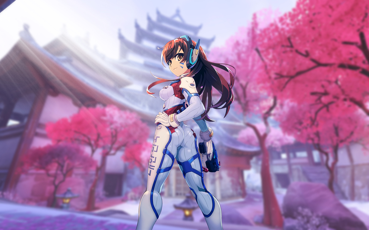 game, girl, ass, latex, overwatch, cherry, blossom, d.va, headphones, anime, white