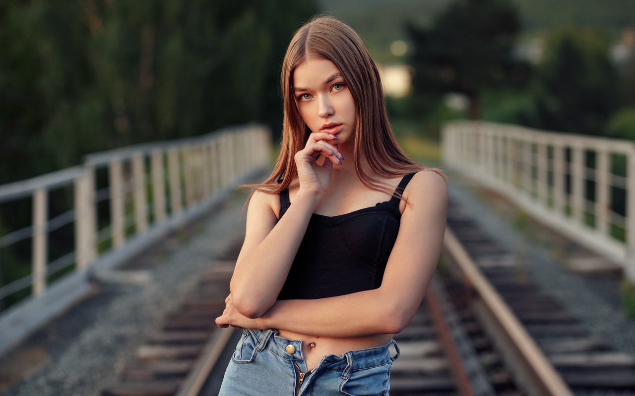 women, pierced navel, finger on lips, railway, women outdoors, zipper, denim, portrait