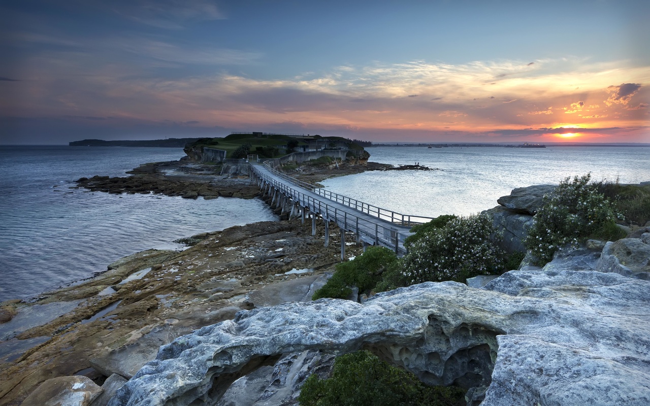 island, bridge, sea, stones