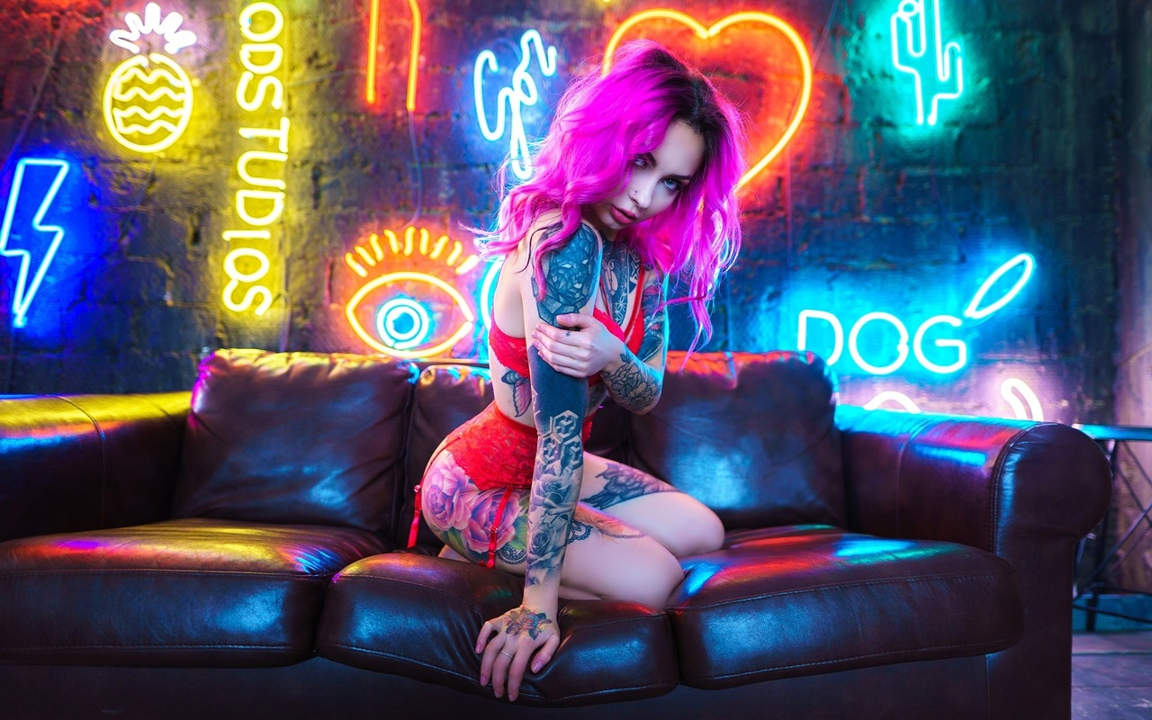 women, dyed hair, red lingerie, neon, women indoors, garter belt, tattoo, nose ring, wall, couch, pink hair, kneeling, ass, wooden floor