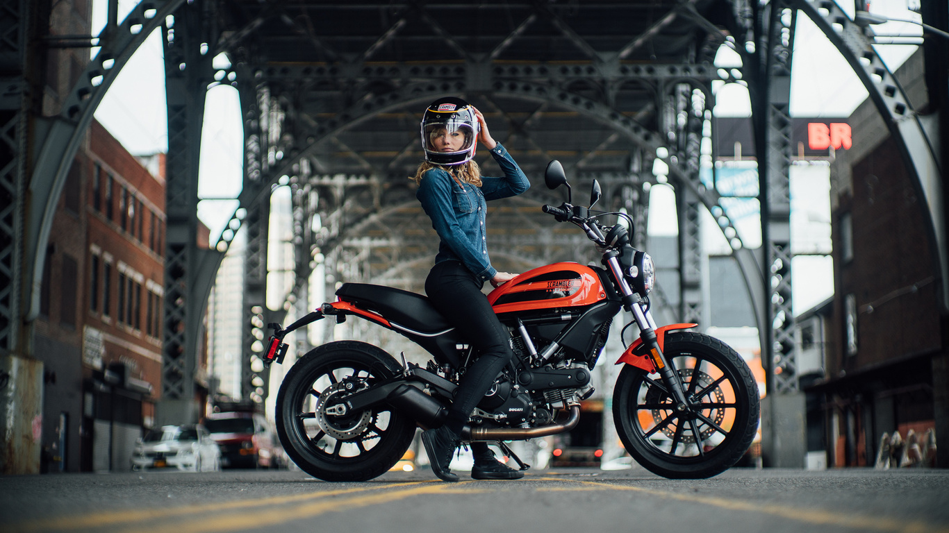 motorcycle, ducati, sexy, road, girl, women, city, bridge, blonde, model, jeans, scrambler