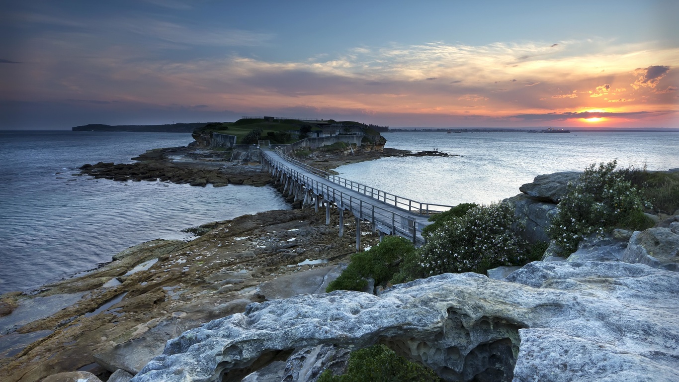 island, bridge, sea, stones